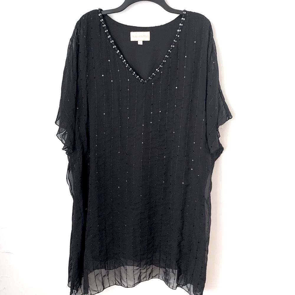 Monroe & Main Sequined Dolman Sheer Black Kaftan Mini Dress 2X Loungewear